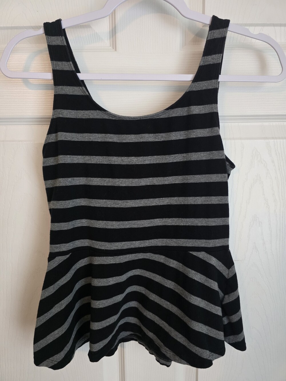 EXPRESS Striped Peplum Tank Top Exposed Back Zip Grey Black Small